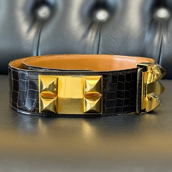 Vintage Hermès Ebene brown CROC collier de chien crocodile belt main image 12